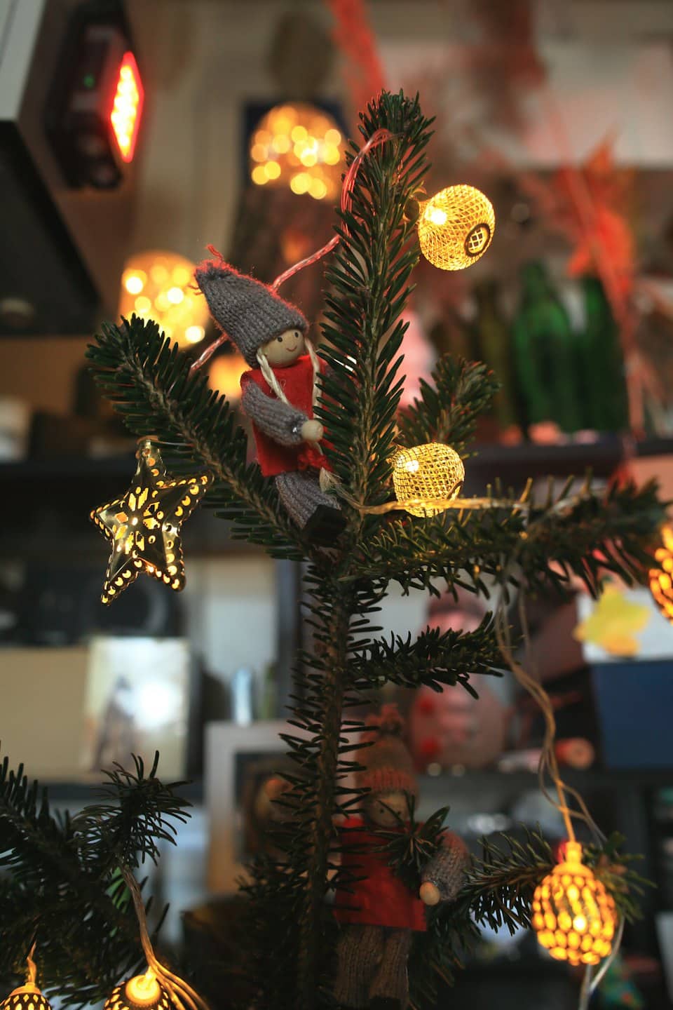 Due elfi seduti sui rami di un albero di Natale.